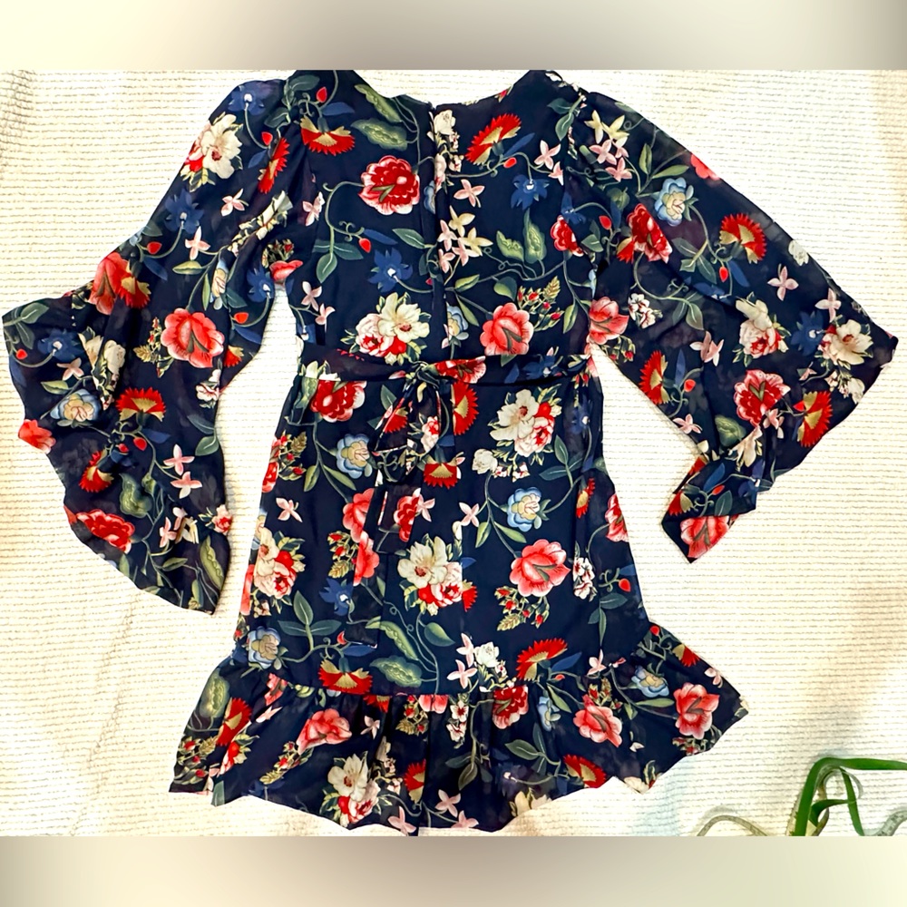 Betsey Johnson Boho Bell Sleeve V-Neck Floral Ruffle Dress Size 4